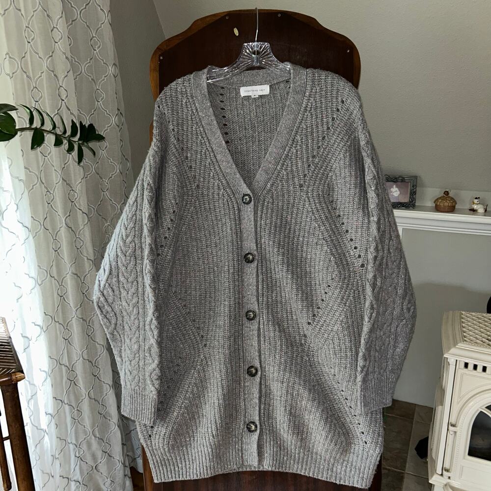 Something Navy gray cable knit button cardigan sweater oversized M wool cashmere